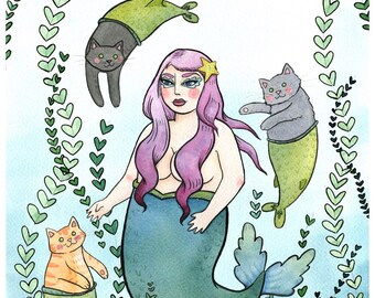 Merbabe and MerCats - 8 x 10 mermaid Art Print Cat Art Print Crazy Cat Lady Wall Art Watercolor Painting