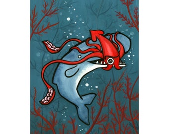 The Squid and The Whale - squid art - whale art-  Watercolor - Museum of Natural History