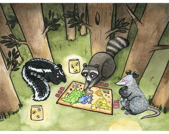 Nocturnal Risk - Rodent art - marsupial art - opossum art - raccoon art - skunk art - watercolor