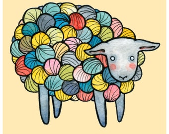 Yarn Sheep- Sheep Illustration - Sheep Print - 8" x 10 " Multicolor Sheep