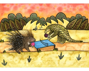 Pangolin and Porcupine Playing Ping Pong  - Watercolor and Ink - Nursery Art - Endangered Species