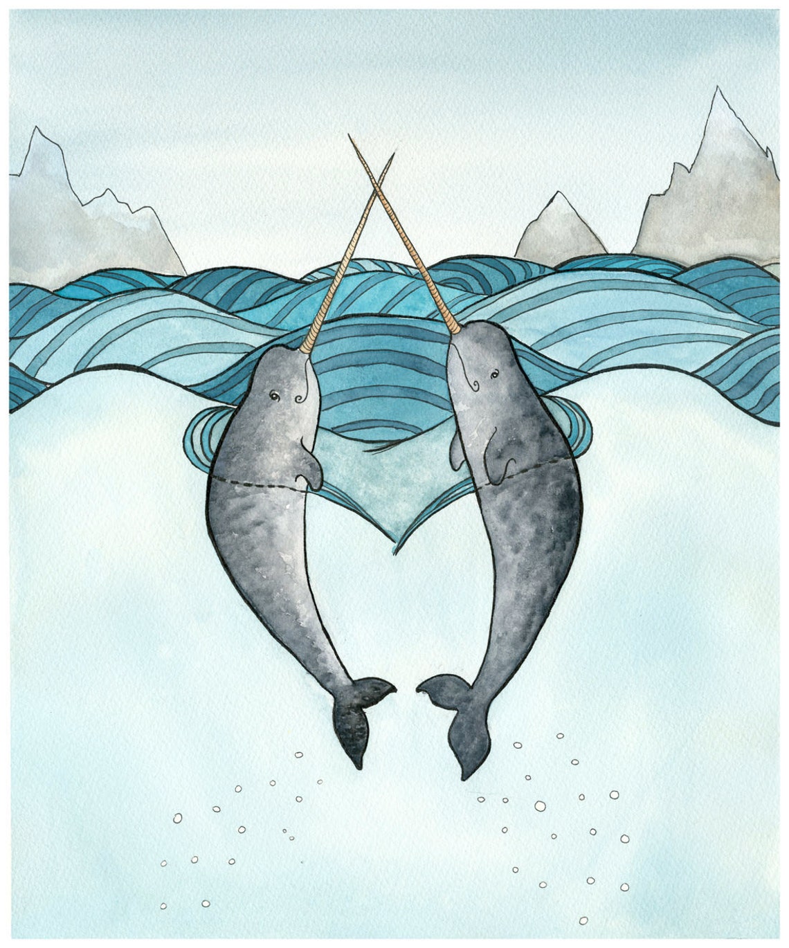 Narwhal Art Print Narwhals in Love Painting Giclee Print Etsy