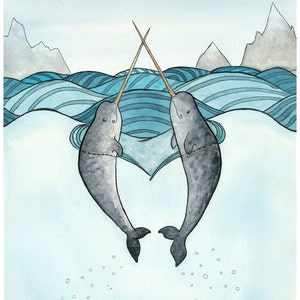 Narwhal Art Print Narwhals in Love Painting - Giclee Print - Watercolor - 8x10