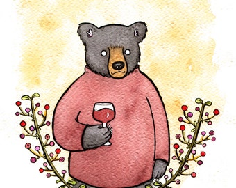 Black Bear Wino- Bear Art Wine Art Bear and Wine- Giclee Print - 8x10 -  Print from original Watercolor Painting