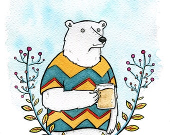 Polar Bear and Frosty Beer Polar Bear Art Beer Art Bears and Beer- Giclee Print - 8x10 -  Print from original Watercolor Painting