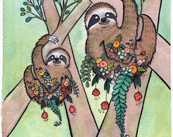 Sloth Garden - Sloth Art - Giclee Print - Sloth Watercolor - 11x14