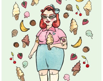 Ice Cream Babe Illustration - Girl and ice cream Art - Giclee Print - Girl and ice cream Watercolor - 8x10