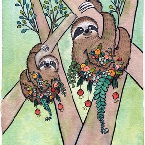 Sloth Garden - Sloth Art - Giclee Print - Sloth Watercolor - 5x7 - Small Art Print