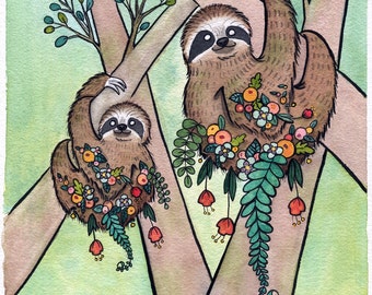 Jardin paresseux - Sloth Art - Estampe - paresseux aquarelle - 5 x 7 - petite impression d’Art