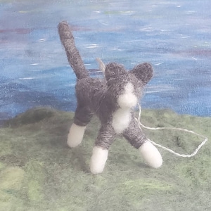 Gray and White Tuxedo Cat Ornament, Hand Felted Wool Cat Decoration, Pet Portrait, Cat lovers Gift