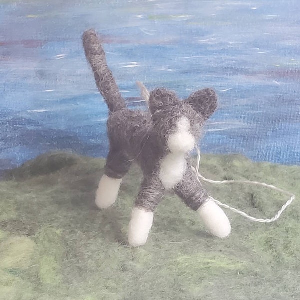 Gray and White Tuxedo Cat Ornament, Hand Felted Wool Cat Decoration, Pet Portrait, Cat lovers Gift