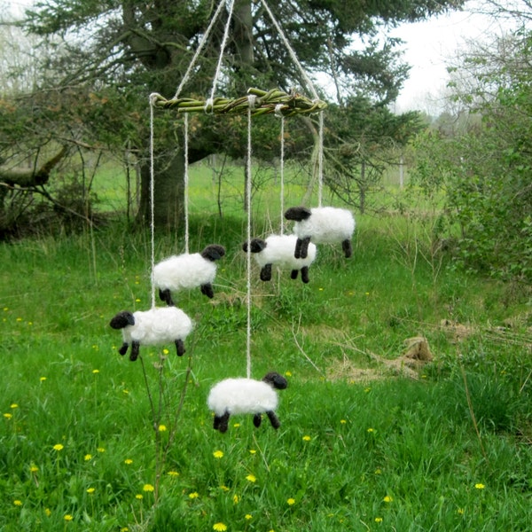 Sheep Mobile, 5 Hand Felted Sheep Baby Mobile, Farm Animal Nursery Decoration, Lamb mobile