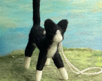 Cat Ornament, Hand felted Black and White Cat Ornament, Tuxedo Kitty Wool Decoration, Cat Lover's Gift