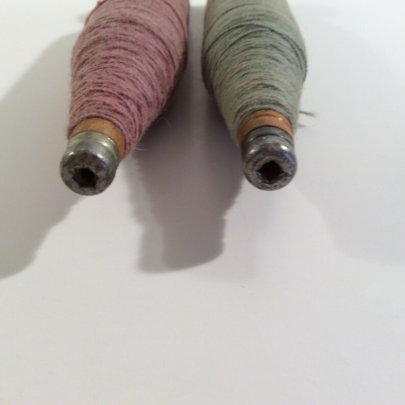 Bobbins---2 Antique Wood Textile Mill Industrial Spools Bobbins Spindles with Thread