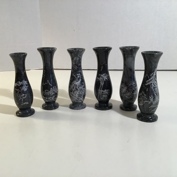 Set of 6 Marbled Black Stone Vases Vintage