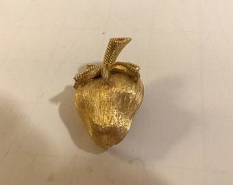 Crown Trifari Strawberry Brooch / Pin –Brushed Textured Gold Tone—Vintage