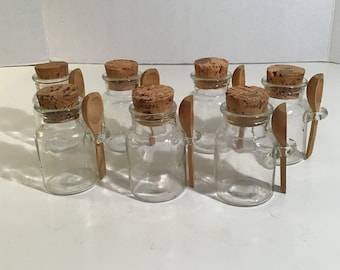 7 Vintage Clear Glass Spice Jars with Cork Stoppers and Attached Holders for Wooden Spoons--Included