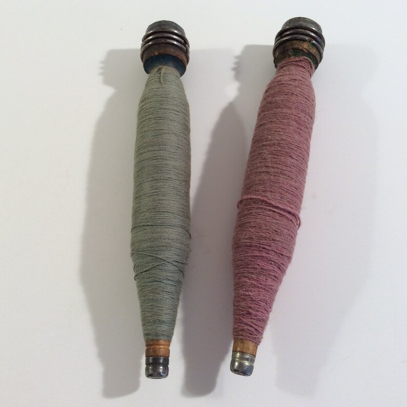 Bobbins---2 Antique Wood Textile Mill Industrial Spools Bobbins Spindles with Thread