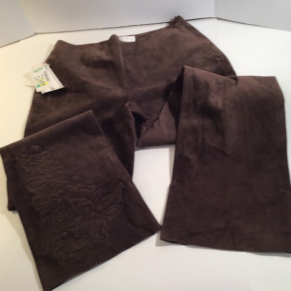 Women’s Pants–Margaret Godfrey Brown Suede Embroidered Leg —8 Petite—NEW w Tags