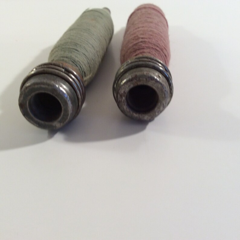 Bobbins---2 Antique Wood Textile Mill Industrial Spools Bobbins Spindles with Thread