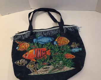 Denim Beach / Tote Bag with Tropical Fish and Sequin Decorations—Zip Top with Carrying Straps