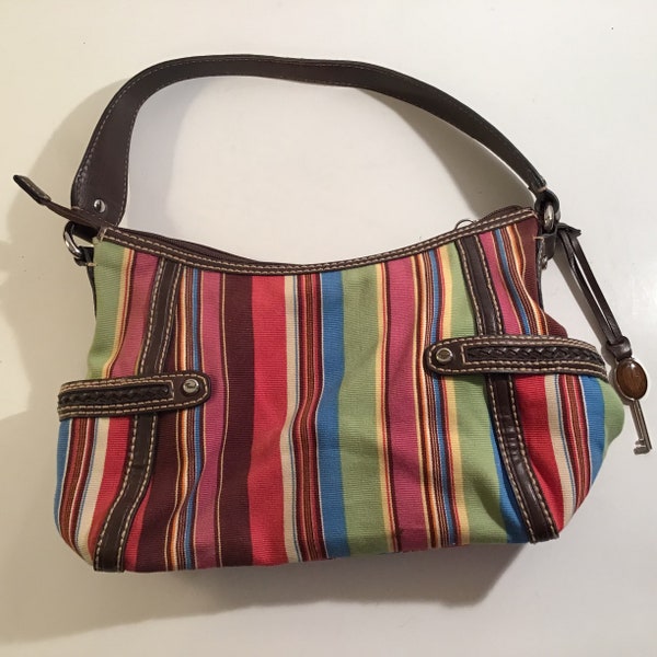 Fossil Handbag–Vintage Multicolor Striped Canvas with Leather Handle and Key Fob