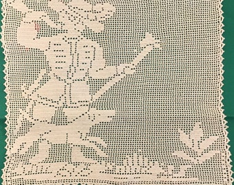 Antique Lace Crocheted Doily with Hunter and His Dog