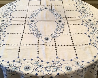 Linen Hand Embroidered 1930’s Era Tablecloth 65” x 53” White with Blue Embroidery