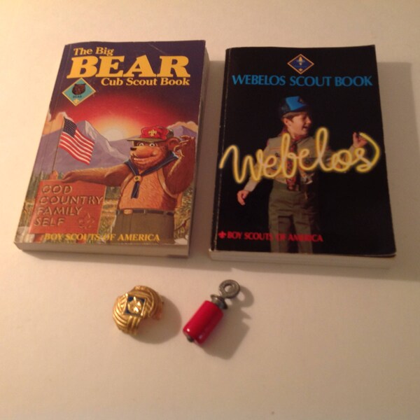 Cub Scout Lot of 2 Books, Metal Wolf Kerchief Slide and An Audubon Bird Caller