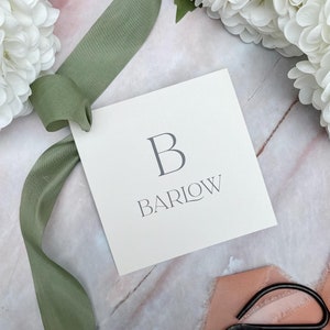 May include: A white card with the letter "B" and the word "BARLOW" printed in gray on a white background. The card is surrounded by white flowers, green ribbon, and pink fabric.