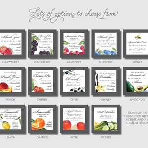 Pu&ograve; includere: Una collezione di 15 etichette quadrate con illustrazioni ad acquerello di vari frutti, verdure e altri alimenti. Ogni etichetta presenta un alimento diverso e include testo come "Fatto in casa", "Diffondi l'amore" e "Grazie".