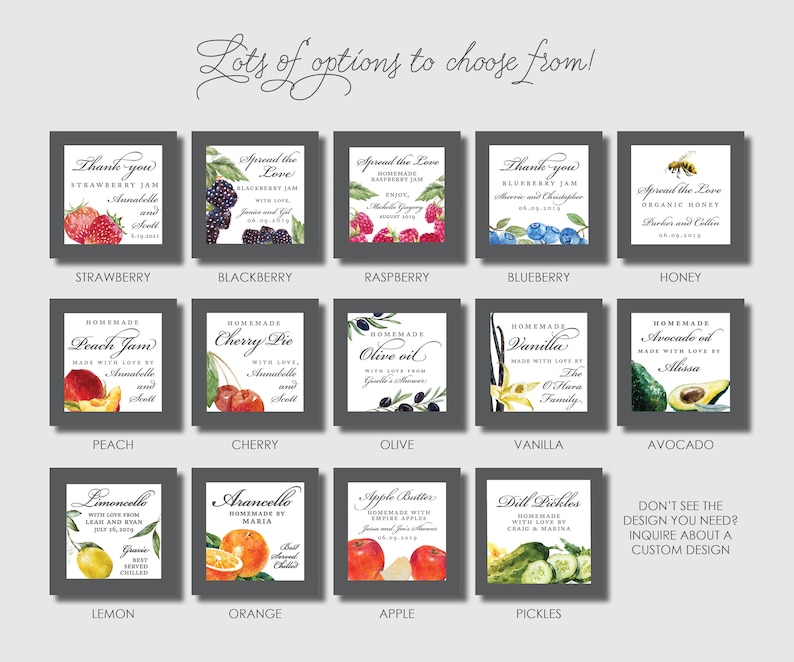 Pu&ograve; includere: Una collezione di 15 etichette quadrate con illustrazioni ad acquerello di vari frutti, verdure e altri alimenti. Ogni etichetta presenta un alimento diverso e include testo come "Fatto in casa", "Diffondi l'amore" e "Grazie".