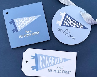 PRINTED graduation gift tags, pennant gift tags, congrats gift tag, class of 2023, congratulations gift tag, round gift tags, SET OF 24