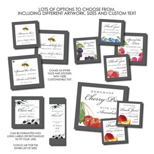 Pu&ograve; includere: Una collezione di etichette stampabili per barattoli, con vari design con illustrazioni ad acquerello di frutta, bacche e api. Le etichette sono personalizzabili con testo e sono disponibili in diverse dimensioni. Il testo sulle etichette include "Spread the Love", "Homemade Cherry Pie", "Homemade Peach Jam" e "Thank You".