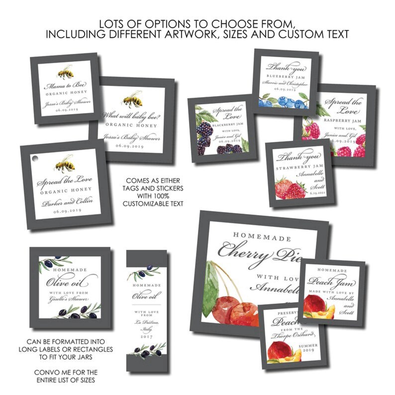 Pu&ograve; includere: Una collezione di etichette stampabili per barattoli, con vari design con illustrazioni ad acquerello di frutta, bacche e api. Le etichette sono personalizzabili con testo e sono disponibili in diverse dimensioni. Il testo sulle etichette include "Spread the Love", "Homemade Cherry Pie", "Homemade Peach Jam" e "Thank You".