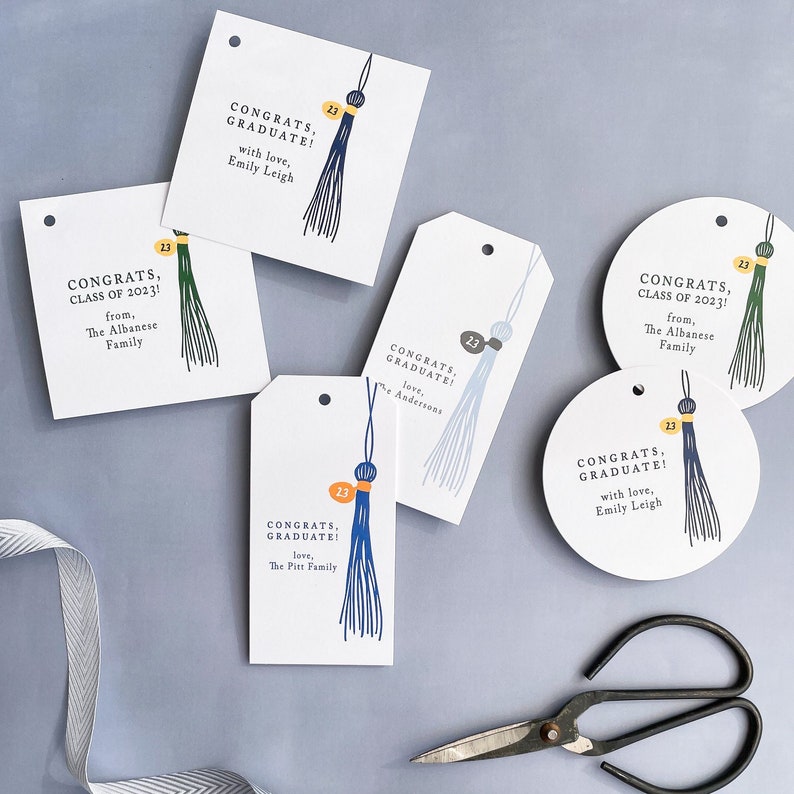 PRINTED graduation gift tags, tassel gift tags, graduation gifts, class of 2023 gift tag, graduation party favor, round gift tags, SET OF 24 image 2