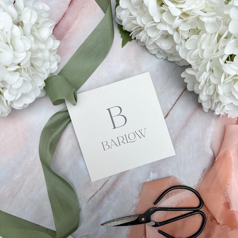 May include: A white card with the letter "B" and the word "BARLOW" printed in gray on a white background. The card is surrounded by white flowers, green ribbon, and pink fabric.