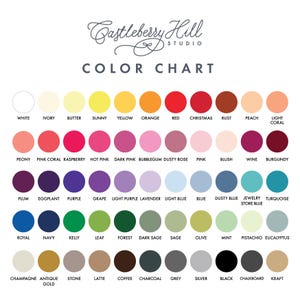 May include: A color chart from Castleberry Hill Studio featuring rows of circular color swatches with corresponding labels including white, ivory, yellow, orange, red, pink, purple, blue, green, brown, grey, and black shades for reference.