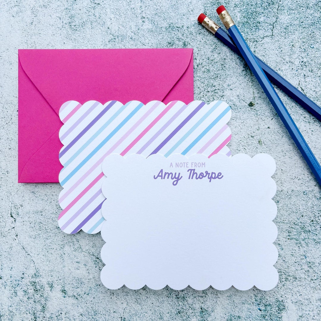 Personalized Stationery Set, Scalloped Note Cards, Fuchsia Envelopes - Etsy