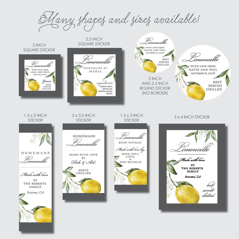 Pu&ograve; includere: Un set di etichette stampabili per bottiglie di limoncello in diverse dimensioni e forme. Le etichette presentano un design di limone ad acquerello con foglie verdi e fiori bianchi. Il testo sulle etichette include "Limoncello", "Fatto in casa" e "Servito al meglio freddo".