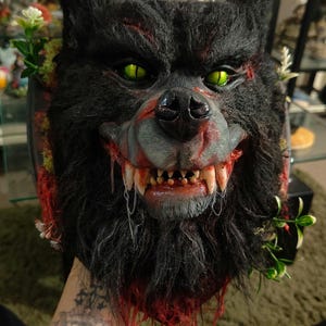Handmade Gmork Inspired Black and Bloody Mounted Severed Wolf Head Horror Wall Art Sculpture