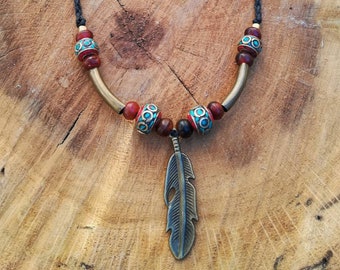 Tribal ethnic boho macrame necklace. Native earthy gypsy necklace handmade by Bella Marietta.