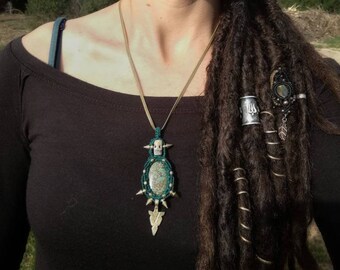 OUTLET. Tribal Steampunk pendant with Turquoise gemstone. Macrame jewerly handmade by Bella Marietta