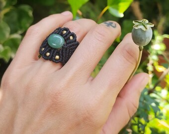 Dark tribal macrame ring with natural gemstone Aventurine