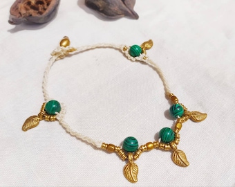 Malachite boho macrame anklet. Tribal macrame jewerly with natural gemstones