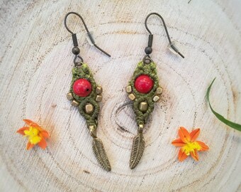 OUTLET. Pixie green macrame earrings with natural Coral gemstone Handmade tribal macrame jewerly. Hippie fairy forest feather earrings.