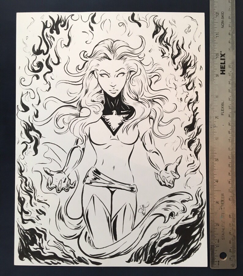 May include: Black and white line art illustration of a woman with long flowing hair and a bird symbol on her chest. She is surrounded by flames.