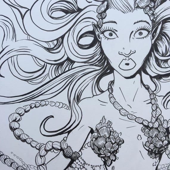 CAUGHT Original Ink Drawing of a Long-haired Mermaid Caught in Fishing Nets  on Bristol Paper 