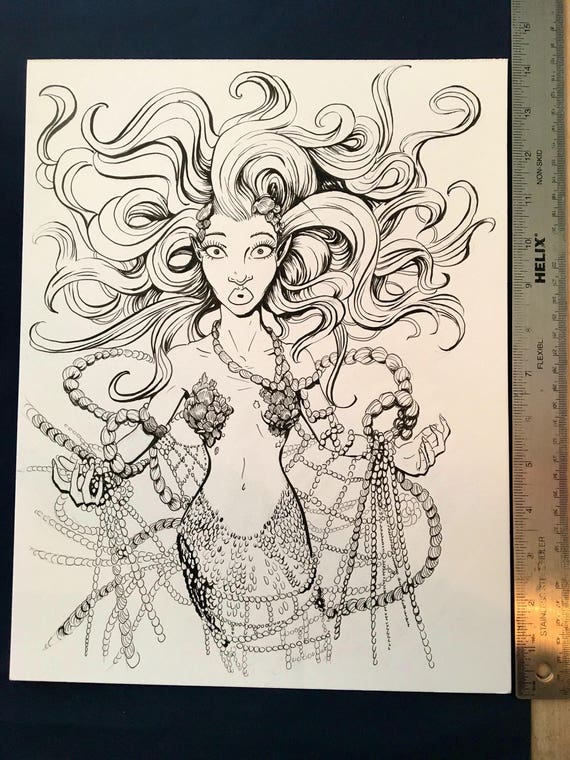 CAUGHT Original Ink Drawing of a Long-haired Mermaid Caught in