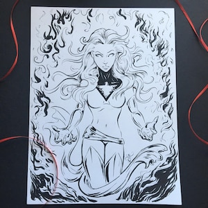 May include: Black and white line art illustration of a woman with long flowing hair and a fiery background. She is wearing a costume with a large, stylized collar.